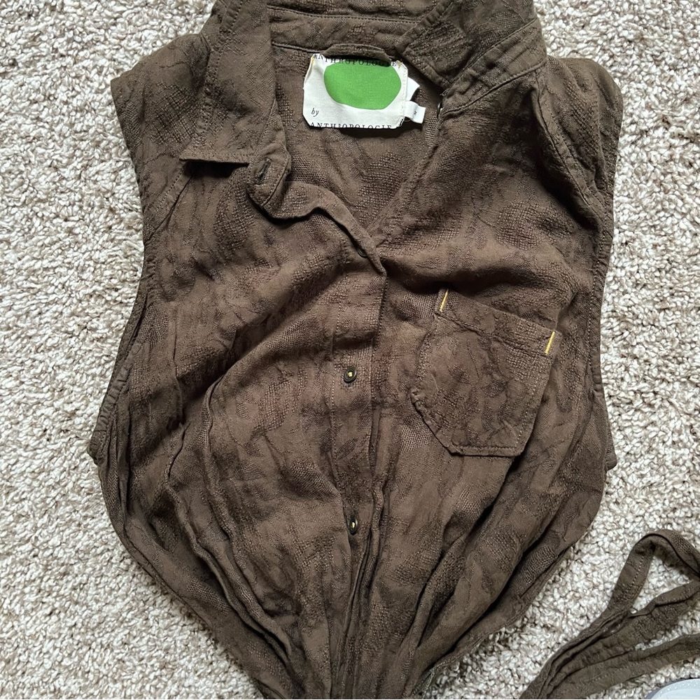 Anthropologie Sleeveless Button-Front Brown Shirt Dress with Waist Tie - Picture 3 of 7
